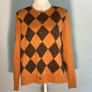Karen Lessly Brown and Camel Argyle XL Ladies Cardigan, Tortoise Shell Buttons